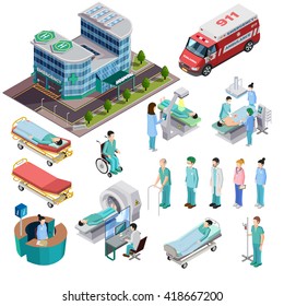 Hospital isometric isolated icons set of clinic building ambulance car diagnostic equipment patients and medical staff vector illustration