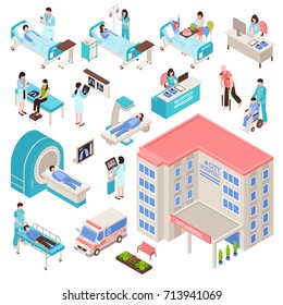 Hospital isometric set with people equipment and building service isolated vector illustration