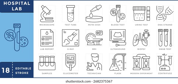 Ícones do Laboratório Hospitalar definidos. Microscópio, tubo de ensaio, exame de sangue, relatório de laboratório, técnico, experimentos modernos, ultrassom, e muitos mais. Traçado editável de vetor.