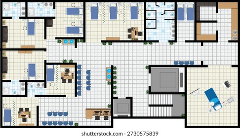 Disposición del hospital y Plan de piso Diseño de interiores Vista superior Vector
