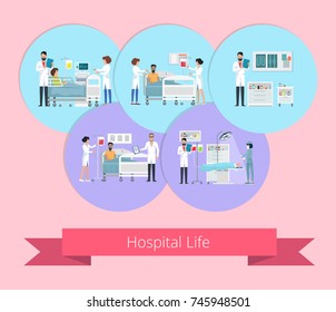 Hospital life visualization bright poster with doctors, patients, medical equipment and drugs. Vector illustration with clinic on light pink background