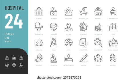 
Hospital Line Editable Icons set. Vector illustration in modern thin line style of medicine related icons: doctor, ambulance, treatment, and more. Pictograms and infographics.
