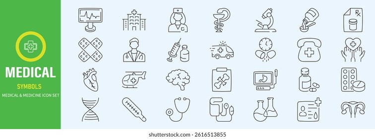 Hospital Line Editable Icons set. Vector illustration in modern thin line style of medicine related icons doctor, ambulance, treatment, and more. Pictograms and infography