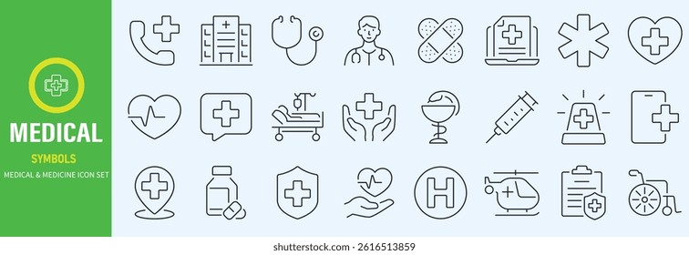 Hospital Line Editable Icons set. Vector illustration in modern thin line style of medicine related icons doctor, ambulance, treatment, and more. Pictograms and infography