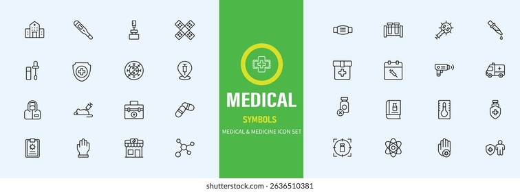 Hospital Line Editable Icons set. Vector illustration in modern thin line style of medicine related icons doctor, ambulance, treatment, and more. Pictograms and infographics