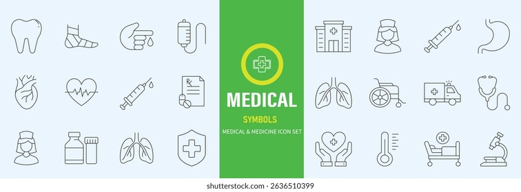 Hospital Line Editable Icons set. Vector illustration in modern thin line style of medicine related icons doctor, ambulance, treatment, and more. Pictograms and infographics