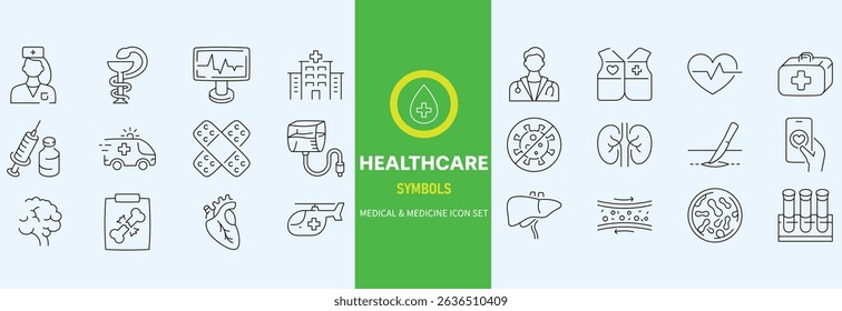 Hospital Line Editable Icons set. Vector illustration in modern thin line style of medicine related icons doctor, ambulance, treatment, and more. Pictograms and infographics
