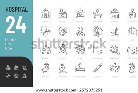 
Hospital Line Editable Icons set. Vector illustration in modern thin line style of medicine related icons: doctor, ambulance, treatment, and more. Pictograms and infographics.
