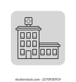 Hospital line icon. Building with cross outline sign. Medicine, construction, healthcare concept. Vector illustration, symbol element for web design and apps