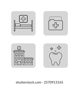 Hospital line icon collection. Hospital building, folder with medical reports, bed, tooth with cross. Medicine, healthcare, doctors office concept. Vector illustrations for web design and apps