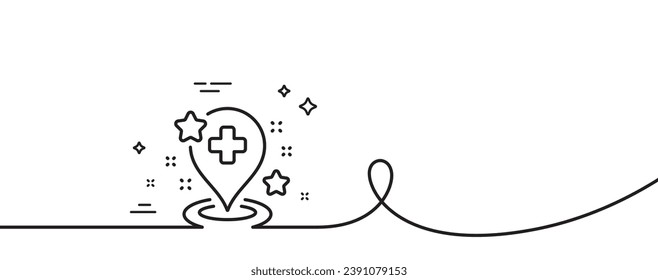 Icono de línea de hospital. Una línea continua con curl. Señal de lugar médico. Símbolo del alfiler del mapa de ubicación. Cinta de contorno único del hospital. Patrón de curva de bucle. Vector