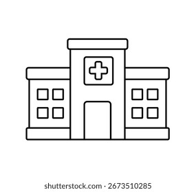Ícone de linha de hospital, sinal vetorial de contorno, pictograma de estilo linear isolado no branco. Símbolo de edifício médico, ilustração de logotipo. Traçado editável.
