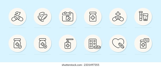 Hospital line icon. Pill, heart, treatment, doctor, nurse, antiseptic, blister. Pastel color background. Vector line icon