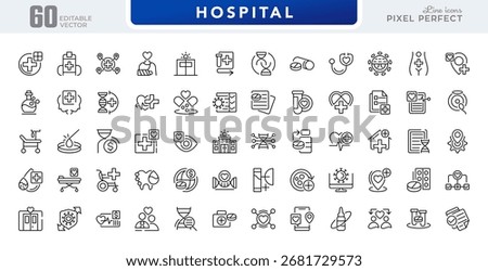 Hospital line icon set. Containing healthcare, doctors, hospitals, medical services, vaccines, hygiene, emergency, and medical equipment line icon set. Ui thin line icon pack.