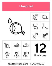 Hospital line icon set. Set of line icons on white background. Healthcare concept. Doctor, investigation, illness. Vector illustration can be used for topics like medicine, health, treatment