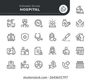 Conjunto de ícones da linha do hospital. Medicina, saúde médica, saúde, cuidado, médico, enfermeiro, tratamento, farmácia e muito mais. Ícone Contorno em estilo linear. Coleção de vetores.	
