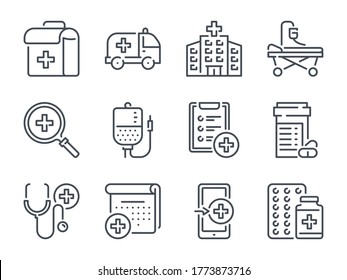 Hospital Line Icons. Health Care Icon Set. Medical Vector Editable Stroke Icon Collection.