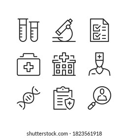 Iconos de la línea del hospital. Clínica médica, conceptos de centros médicos. Símbolos simples de contorno, elementos gráficos lineales modernos. Diseño delgado de línea. Conjunto de iconos del vector