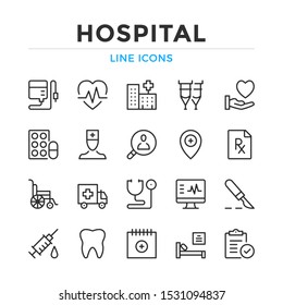Symbole der Krankenhauslinie werden gesetzt. Moderne Umrisselemente, Grafikdesign-Konzepte, einfache Symbolsammlung. Vektorliniensymbole