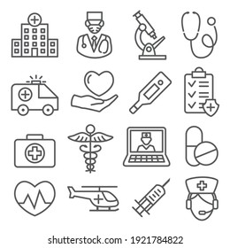 Symbole für Krankenhäuser auf weißem Hintergrund
