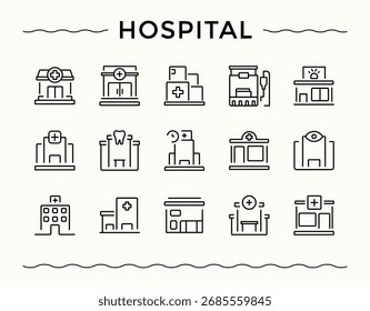Conjunto de iconos lineales de hospital. Iconos web delgados. Contiene símbolos de esquema como atención médica, salud, farmacia, atención. Arte vectorial editable. Conjunto de iconos simples de salud.