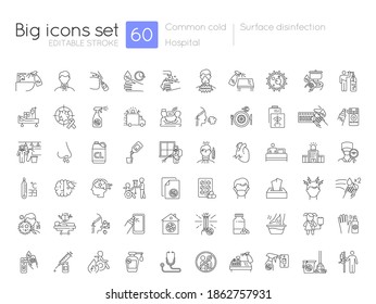 Hospital linear icons set. Sanitizing routine. Common cold symptoms. Protective measures. Customizable thin line contour symbols. Isolated vector outline illustrations. Editable stroke