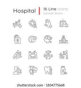 Hospital linear icons set. Walk in clinic. Radiology and cardiology department. ICU. Hospital ward. Customizable thin line contour symbols. Isolated vector outline illustrations. Editable stroke