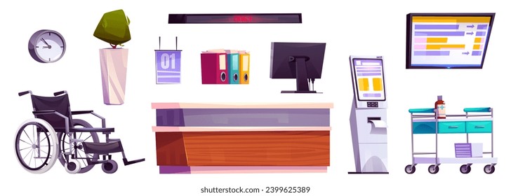 Hospital lobby design elements set isolated on white background. Vector cartoon illustration of wheelchair, computer on reception desk, electronic queue equipment, tv screen, folders with documents