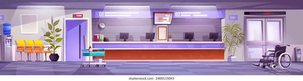 Hospital lobby interior. Vector cartoon illustration of large waiting hall with computers on reception desk, wheelchair for patients, electronic queue display on wall, folders with medical records