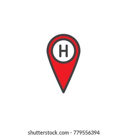 Hospital location filled outline icon, line vector sign, linear colorful pictogram isolated on white. Map pointer with hospital symbol, logo illustration. Pixel perfect vector graphics