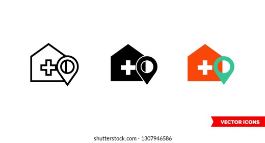 Hospital location icon of 3 types: color, black and white, outline. Isolated vector sign symbol.