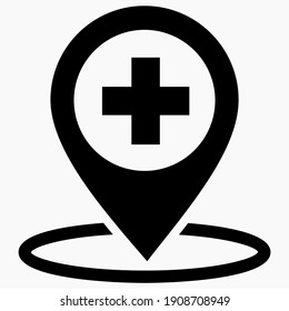 Hospital location icon. Pharmacy location. Location of the medical facility. Doctor's coordinates. Vector icon.