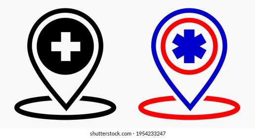 Hospital location icon. Pharmacy location. Location of the medical facility. Doctor's coordinates. Vector icon.