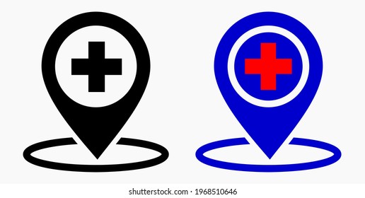 Hospital location icon. Pharmacy location. Location of the medical facility. Doctor's coordinates. Vector icon.