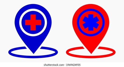 Hospital location icon. Pharmacy location. Location of the medical facility. Doctor's coordinates. Vector icon.