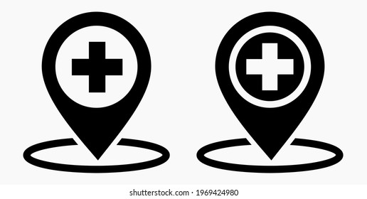 Hospital location icon. Pharmacy location. Location of the medical facility. Doctor's coordinates. Vector icon.