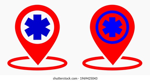 Hospital location icon. Pharmacy location. Location of the medical facility. Doctor's coordinates. Vector icon.