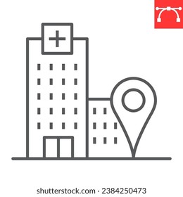 Hospital location line icon, navigation and map, hospital building with pin vector icon, vector graphics, editable stroke outline sign, eps 10.