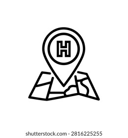 Hospital location map pin icon in line art style. medical navigation sign for emergency. healthcare facility pinpointing location. aid station locator symbol for quick access to essential services. this graphic represents finding nearest hospital, clinic, or medical center.