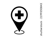 hospital location map pointer, cross icon with location pin, black filled symbol isolated on white background, vector marker, first aid sign