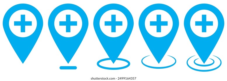 Hospital location map pointer, cross icon with location pin, blue filled symbol isolated on white background, vector marker, first aid sign.