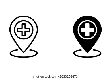 Krankenhaus-Ortstafelzeiger, Kreuz-Symbol mit Positionsstift, schwarz gefülltes Symbol einzeln auf weißem Hintergrund, Vektormarkierung, Erste-Hilfe-Zeichen	
