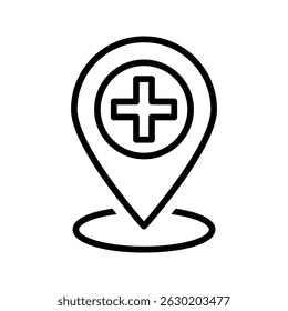 hospital location map pointer, cross icon with location pin, black filled symbol isolated on white background, vector marker, first aid sign	
