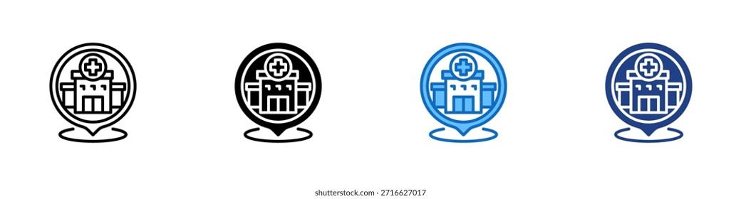 Hospital Location Multiple Style Icon Design Vector - Kartenstift mit Krankenhausgebäude und medizinischem Kreuz, das eine Gesundheitseinrichtung oder Klinik darstellt