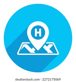 Hospital location on a map. long shadow design. blue background.