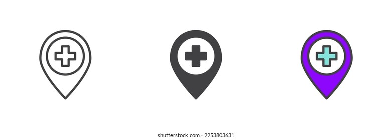 Hospital location pin different style icon set. Line, glyph and filled outline colorful version, outline and filled vector sign. Symbol, logo illustration. Vector graphics