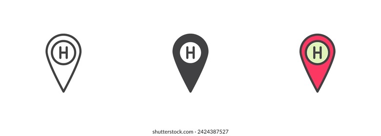 Hospital location pin different style icon set. Line, glyph and filled outline colorful version, outline and filled vector sign. Symbol, logo illustration. Vector graphics