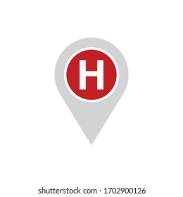 Hospital location pin icon.  Vector design isolated on white background.