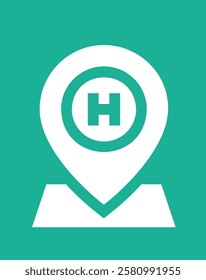 Hospital location vector icon design illustration. Turquoise white realistic vector. Hospital sign with map icon. Suitable for hospital location icon. Medical location icon.