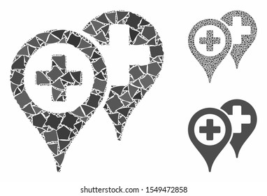 Hospital locations mosaic of tuberous elements in variable sizes and shades, based on hospital locations icon. Vector inequal elements are combined into mosaic.